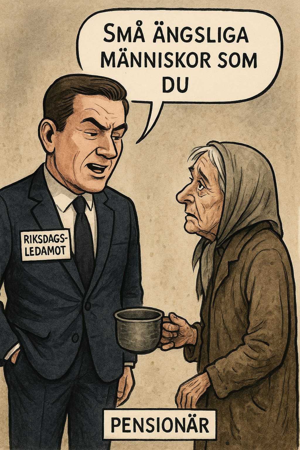 En välklädd riksdagsledamot med etiketten "Riksdagsledamot" säger nedlåtande "Små ängsliga människor som du" till en fattig och utmärglad pensionär med en tom kopp i handen