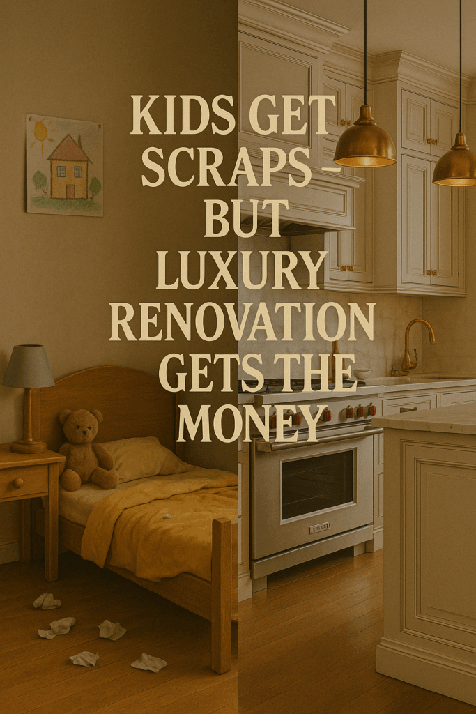 Satirisk AI-bild med kontrast mellan fattigt barnrum och lyxkök. Text: “Kids get scraps but luxury renovation gets the money”.