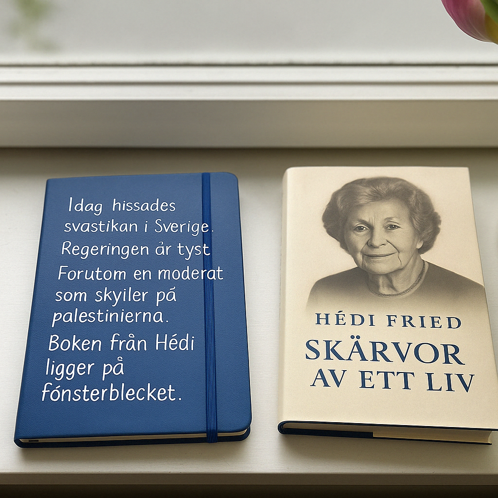 Blå anteckningsbok med text om svastikan i Sverige, bredvid Hédi Frieds bok Skärvor av ett liv på ett fönsterbleck.