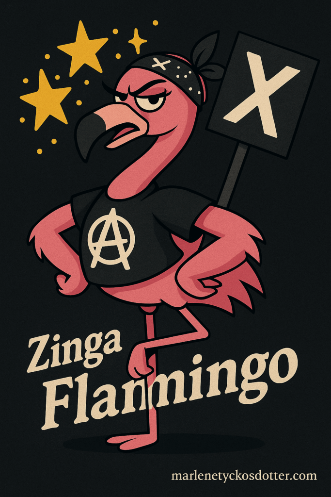 Tecknad flamingo i anarkisttröja och bandana, håller skylt med ett vitt X, står självsäkert med stjärnor i bakgrunden.
