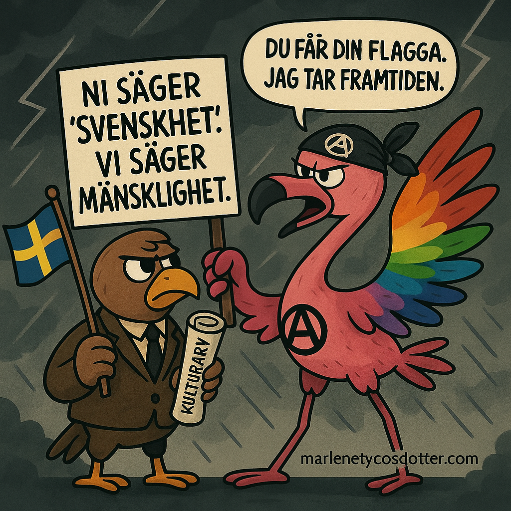 Zinga Falamingo konfronterar nationalism med budskap om mänsklighet och framtid.