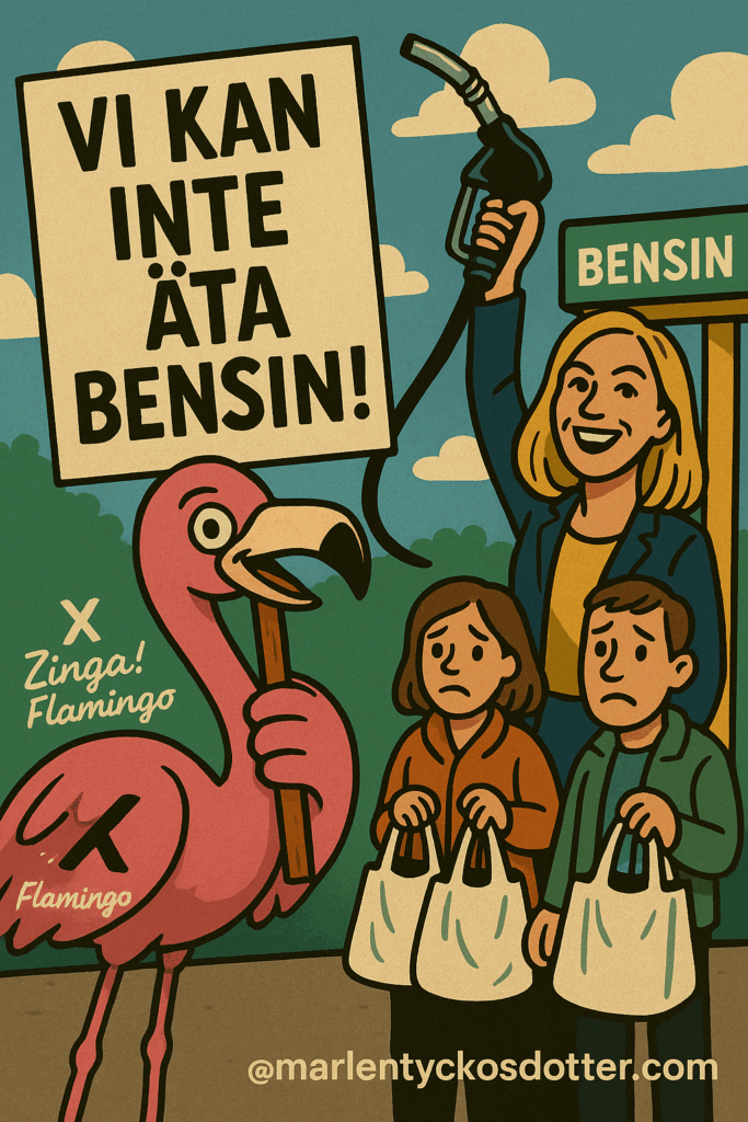 Illustration med Zinga Flamingo som håller en skylt där det står "Vi kan inte äta bensin!", bredvid en kvinna med bensinpump och två ledsna barn med matkassar.