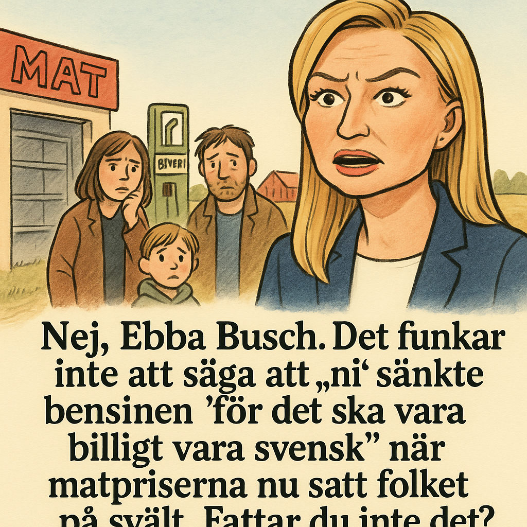Illustration av Ebba Busch ifrågasatt av en kvinna, medan en barnfamilj står hungrig i bakgrunden. Texten kritiserar kopplingen mellan sänkt bensinpris och höga matpriser.