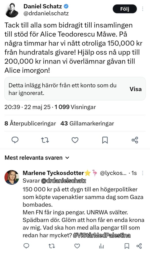Skärmdump av ett X-inlägg från Daniel Schatz om en insamling till Alice Teodorescu Måwe. Under inlägget syns ett svar från Marlene Tyckosdotter som kritiserar insamlingen i relation till svält i Gaza och FN:s brist på stöd.