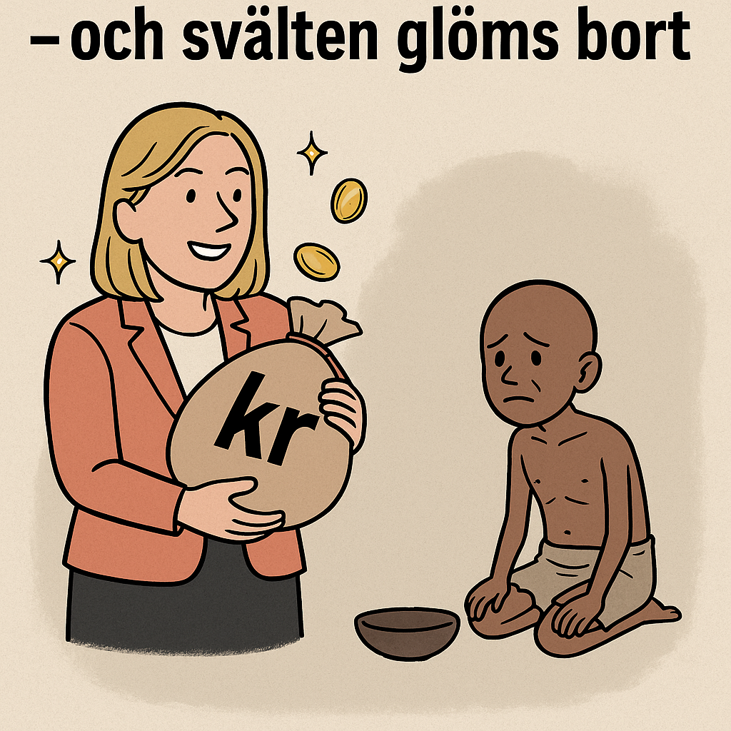 Illustration med en glad kvinna i kavaj som håller en stor pengasäck. Bredvid henne sitter ett avmagradt barn med tom skål. Texten lyder: “– och svälten glöms bort”.