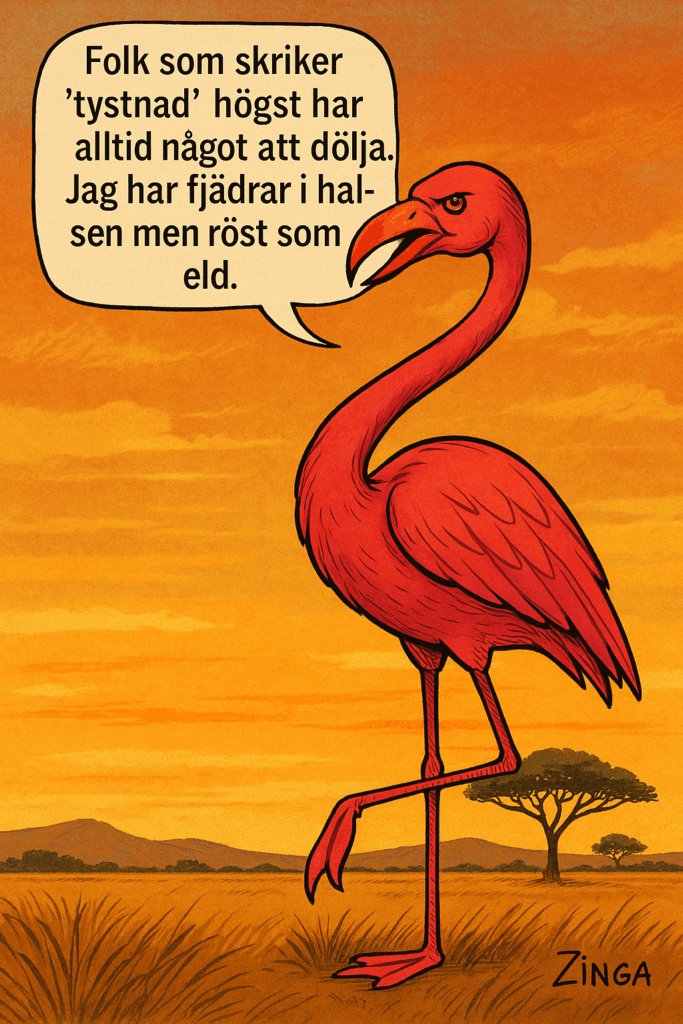 Illustration av den röda flamingon Zinga som står i savannen och säger: "Folk som skriker 'tystnad' högst har alltid något att dölja. Jag har fjädrar i halsen men röst som eld."