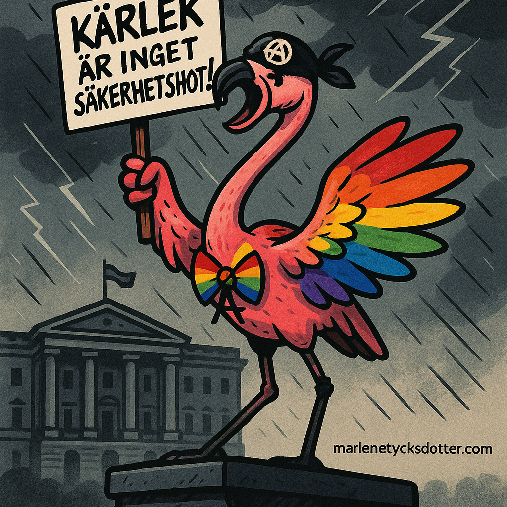 Tecknad flamingo i regnbågsfärger håller skylt med texten "Kärlek är inget säkerhetshot!", i regn framför en regeringsbyggnad.