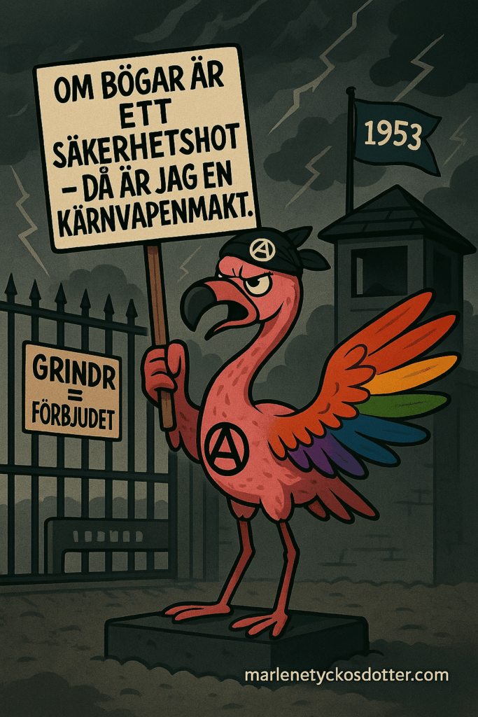 Zinga Falamingo protesterar mot moralpanik kring homosexualitet vid en grind märkt “Grindr = Förbjudet”.