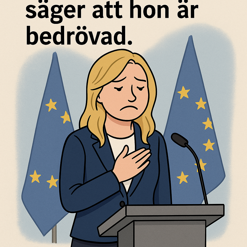 Illustration av en blond kvinna vid ett podium, med handen mot bröstet och sorgset ansiktsuttryck. Två EU-flaggor i bakgrunden. Text: "Ebba Busch säger att hon är bedrövad."