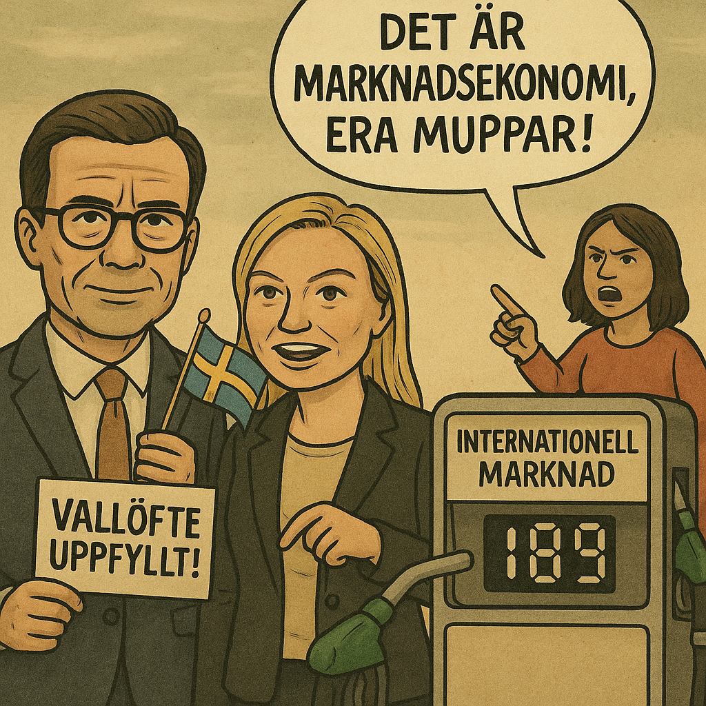 Illustration av politiker som firar "vallöfte uppfyllt" vid bensinpump, medan en kvinna protesterar. Texten i pratbubblan: "Det är marknadsekonomi, era muppar!"