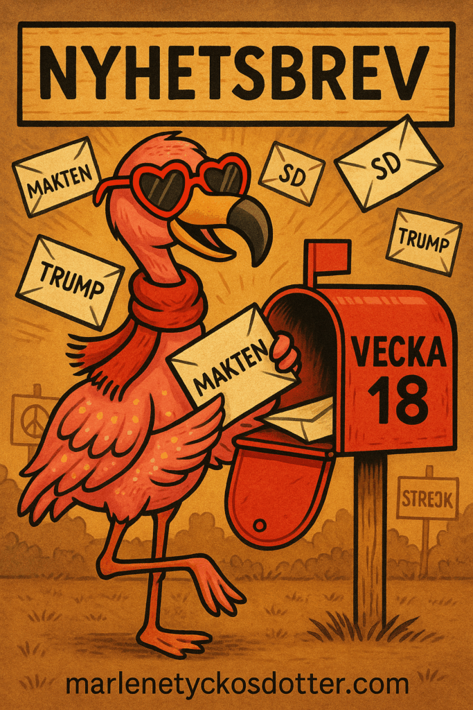 En tecknad flamingo i glittrig dräkt dansar energiskt på ett scenlikt nyhetsbrev med rubriken "NYHETSBREV – vecka 18", omgiven av färgglada symboler för pressfrihet, solidaritet och kamp.
