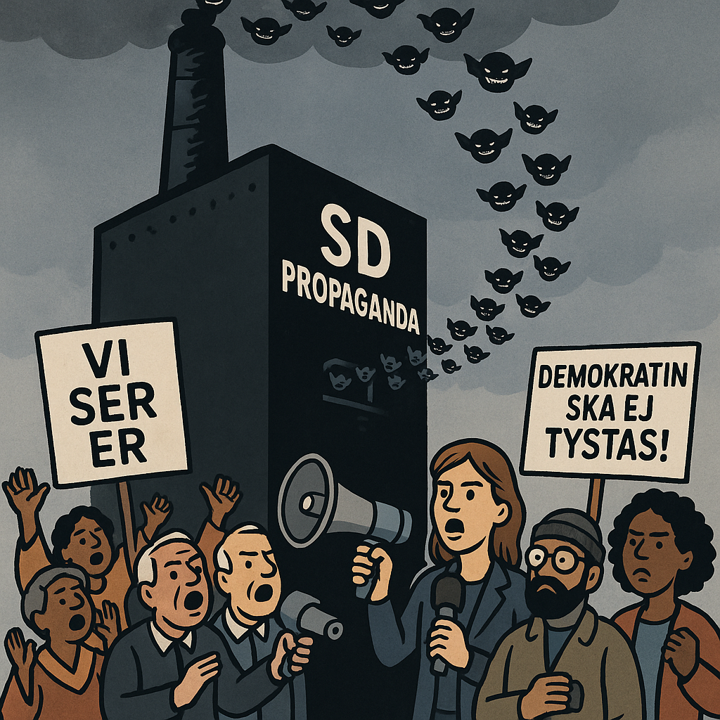 Illustration av en SD-propagandafabrik som sprider mörka trollansikten i luften, medan demonstranter protesterar med skyltar som “Vi ser er” och “Demokratin ska ej tystas”.