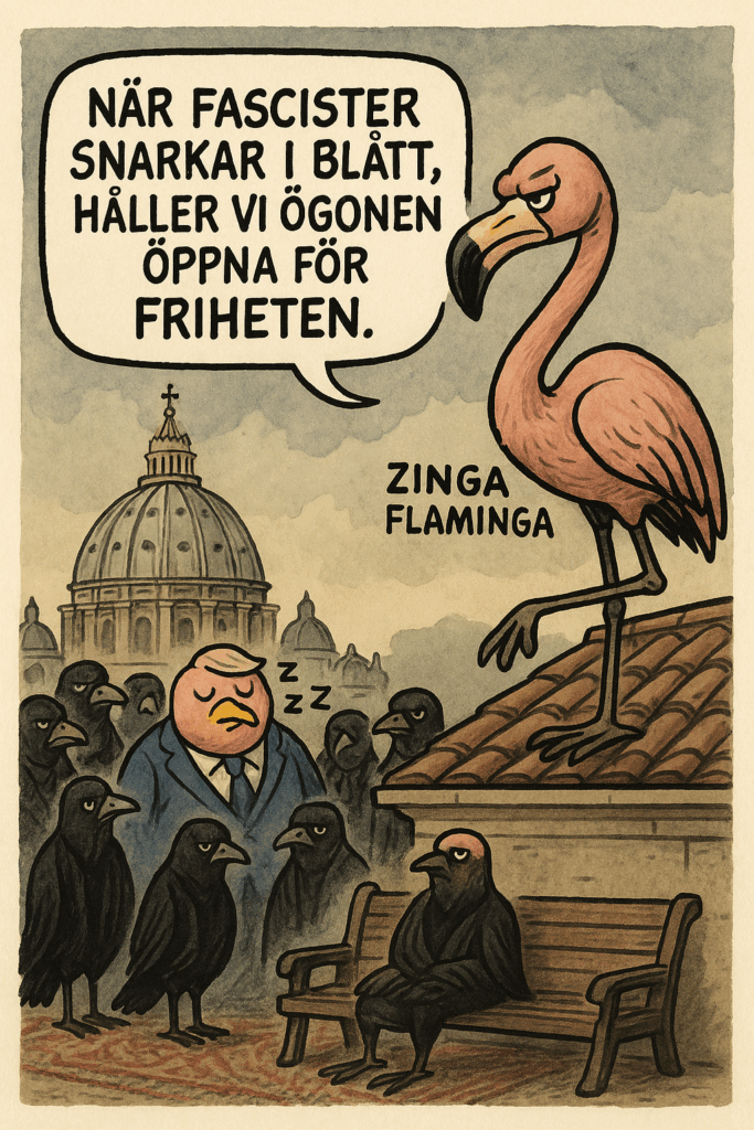 Tecknad bild av en rosa flamingo (Zinga Falaminga) som står vaksamt på Vatikanens tak. Nedanför sitter en fågel i blå kostym och sover bland svartklädda fåglar under en begravning. En pratbubbla från Zinga lyder: "När fascister snarkar i blått, håller vi ögonen öppna för friheten."
