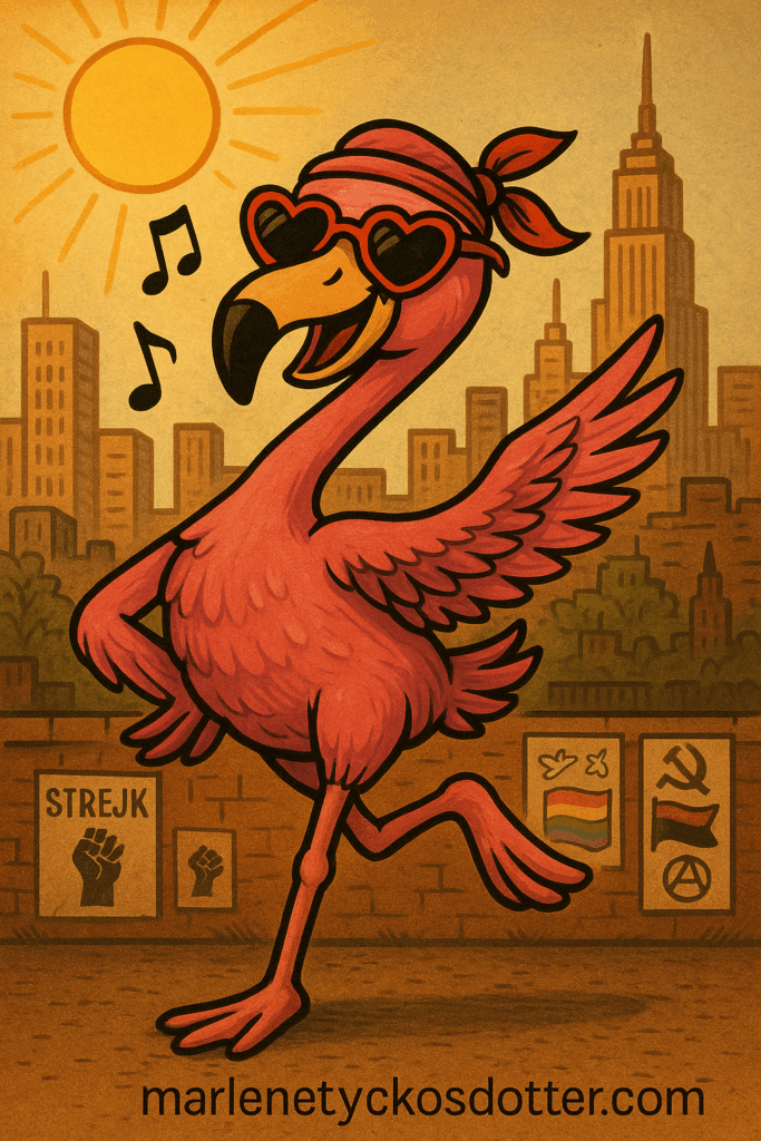 Tecknad flamingo dansar glatt i solnedgången framför stadssilhuett, med musiknoter kring näbben och politiska affischer i bakgrunden. Texten marlenetyckosdotter.com står längst ner.