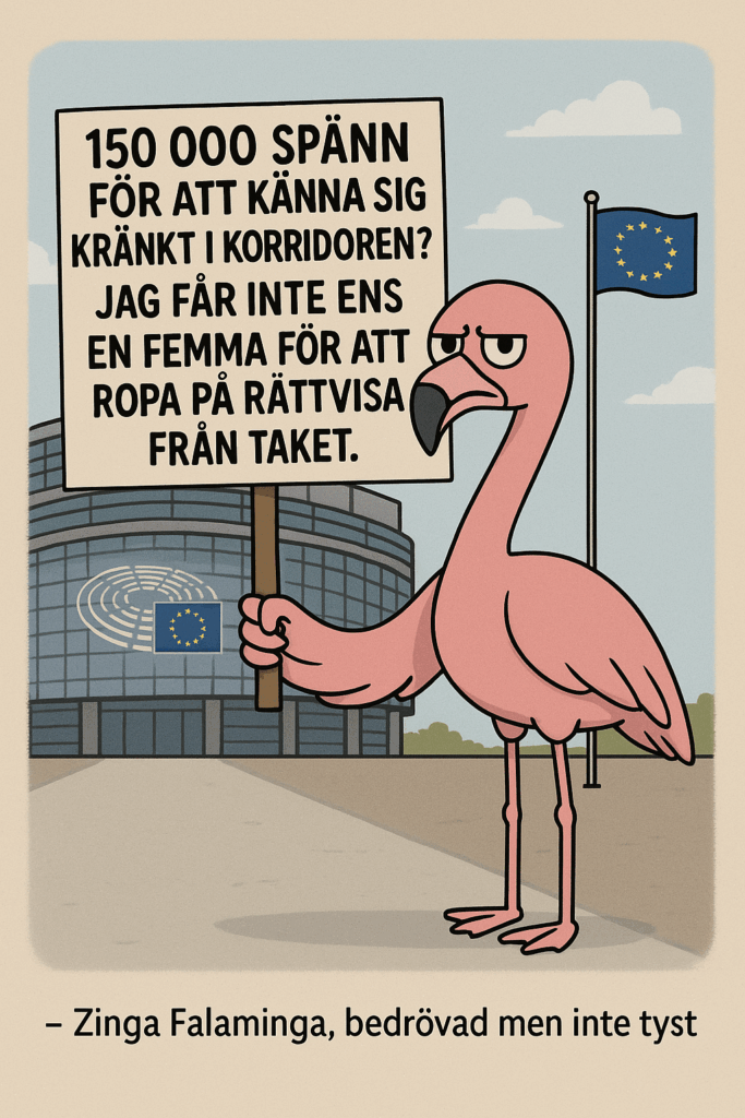 Tecknad flamingo (Zinga Falaminga) står utanför EU-parlamentet med ett plakat: "150 000 spänn för att känna sig kränkt i korridoren? Jag får inte ens en femma för att ropa på rättvisa från taket." Text under: "Zinga Falaminga, bedrövad men inte tyst."
