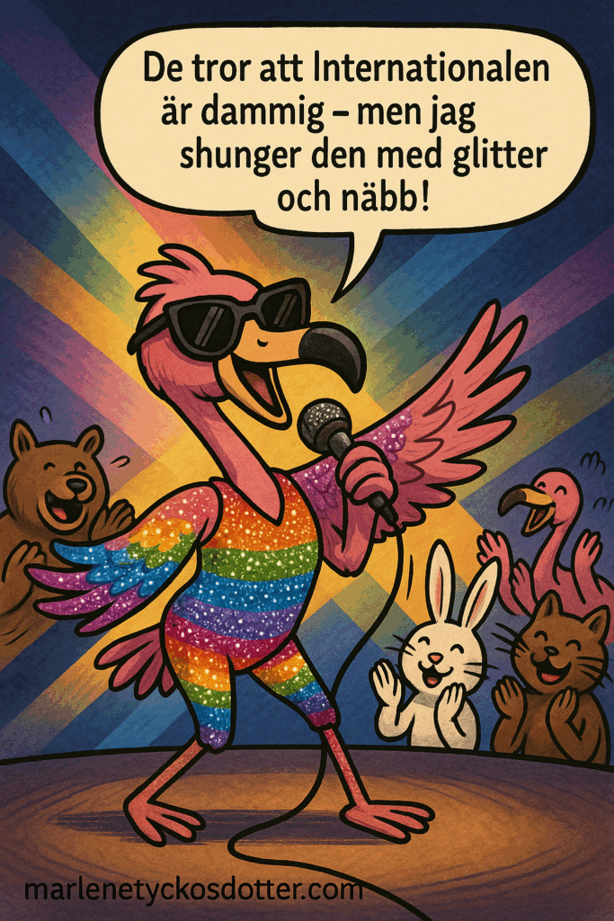 Tecknad flamingo i regnbågsfärgad glitterdräkt sjunger i mikrofon med textbubbla: "De tror att Internationalen är dammig – men jag shunger den med glitter och näbb!" Runt scenen jublar glada djur och bakgrunden är fylld av färgstrålar.