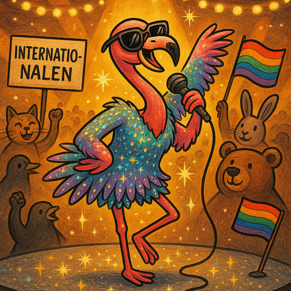 Tecknad flamingo med solglasögon och glittrig regnbågsdräkt sjunger på scen inför en jublande publik av djur. Ett plakat i bakgrunden säger "INTERNATIONALEN".