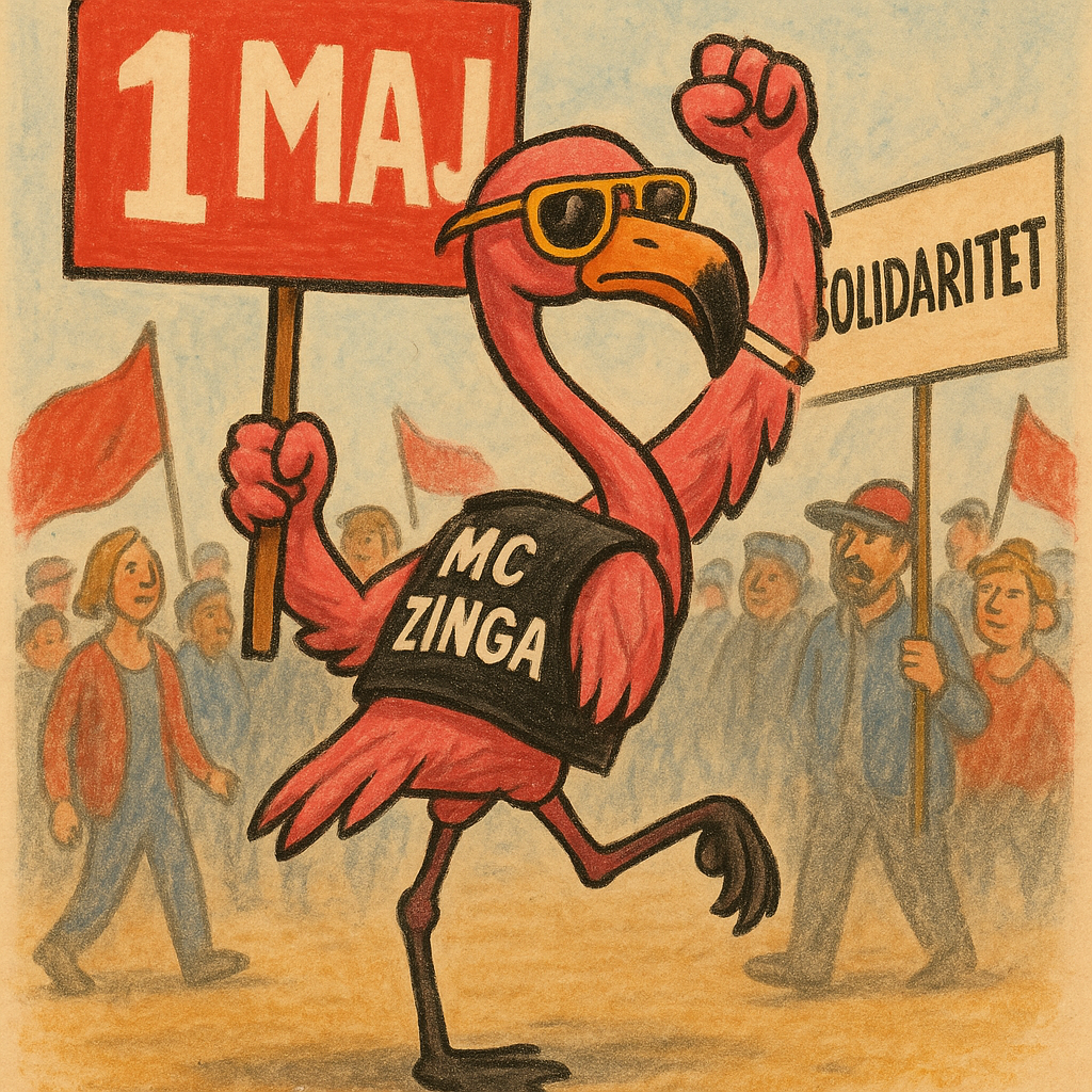 Tecknad flamingo i väst med texten "MC Zinga" marscherar i ett 1 maj-tåg med en skylt som säger "1 MAJ".