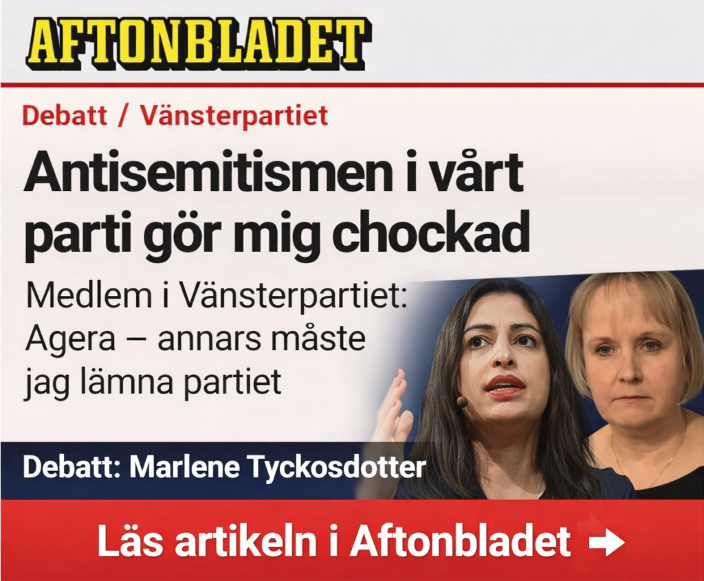 Porträtt av Marlene Tyckosdotter, skribent i debattartikel om antisemitism i Vänsterpartiet, med stiliserad representation av Nooshi Dadgostar och Aftonbladet-debattlayout.