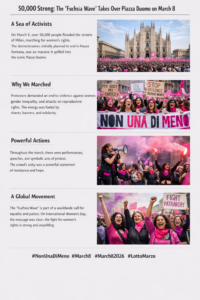 Large International Women’s Day demonstration in Milan with thousands of people wearing pink scarves and holding feminist banners in front of the Duomo cathedral.