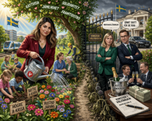 Illustration i delad scen: Nooshi Dadgostar vattnar en blomstrande trädgård med barn, vårdpersonal och järnväg som symboler för välfärd och investeringar, medan Elisabeth Thand Ringqvistv (C-ledaren)och Muharrem Demirok (fd C-ledare) står vid en lyxvilla med pengar, champagne och budskap om sänkta skatter och vinster i välfärden.