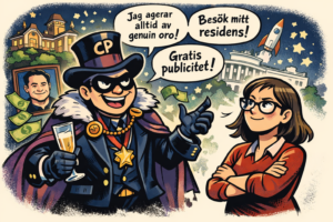 Tecknad illustration i politisk karikatyrstil. En överdriven, maskerad figur som symboliserar Christian Peterson poserar självgott framför ett stort residens, medan en journalist med klar blick står framför honom och ser igenom maskeraden. Bilden symboliserar hot, manipulation och styrkan att avslöja taktiker