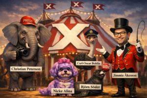 Satirisk illustration av en cirkus med ett stort tält täckt av bokstaven ‘X’. Runt tältet står karikatyrer av politiska figurer som djur: en elefant märkt ‘Christian Peterson’, en liten lila knähund i förgrunden märkt ‘Nicke Alina’, en struts märkt ‘Carl-Oscar Bohlin’, ett sjölejon märkt ‘Björn Söder’. Cirkusdirektören, Jimmie Åkesson, står framför tältet med hatt och pinne. Bilden är färgstark, lekfull och humoristisk, med satirisk ton mot X och politiken