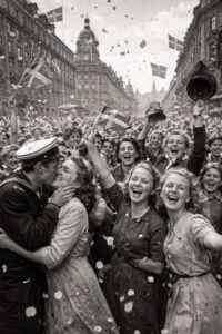 Jubel i Stockholm när freden efter andra världskriget firas – människor skrattar, kramas och viftar med svenska flaggor i en spontan glädjeyra
