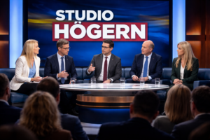 En karikatyrartad debattstudio där endast högerpolitiker sitter runt ett runt bord och diskuterar. Panelen består av fem personer i kostym, engagerade i samtal, med en bakgrund som antyder svenska färger och symboler för högerpolitik. Vänstersidan är tom