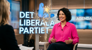 Bild på Liberalernas ledare intervjuas om det kaos hon orsakar sitt eget parti