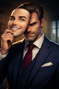 Tecknad bild av en välklädd man i kostym som håller upp en leende mask framför sitt ansikte, medan hans riktiga ansikte bakom masken ser kallt och hotfullt ut.