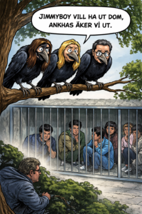 Karikatyrliknande illustration av Simona Mohamsson, Ebba Busch och Ulf Kristersson som tre olyckskorpar sittandes på en gren, tittandes ned på tonåringar i förvar. En pratbubbla säger: 'Jimmyboy vill ha ut dom, annars åker vi ut.' Bilden symboliserar regeringens ansvar och tonårsutvisningarnas konsekvenser.