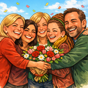 Tecknad bild av Magdalena Andersson, Nooshi Dadgostar, Elisabeth Thand Ringqvist, Amanda Lind och Daniel Helldén som omfamnar varandra med en blombukett i en symbolisk scen av politisk enighet, glädje och samarbete.