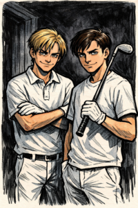 Tecknad illustration inspirerad av Funny Games: två personer i vita kläder står tillsammans i hotfull stämning, symboliserande trakasserier och maktspel.