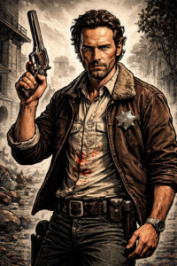Tecknad illustration av Rick Grimes från The Walking Dead, med cowboyhatt, kort skägg, sheriffens badge och revolver, stående i en dramatisk, postapokalyptisk miljö.