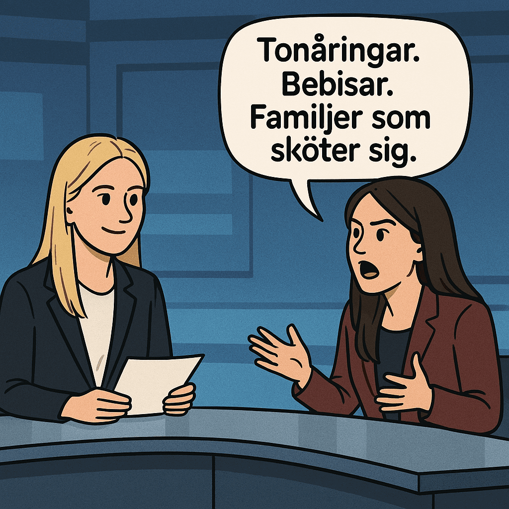 Tecknad illustration av två kvinnor i tv-studio. En blond programledare håller ett papper och ler. En mörkhårig kvinna i vinröd kostym talar med händerna. Pratbubbla: Tonåringar. Bebisar. Familjer som sköter sig
