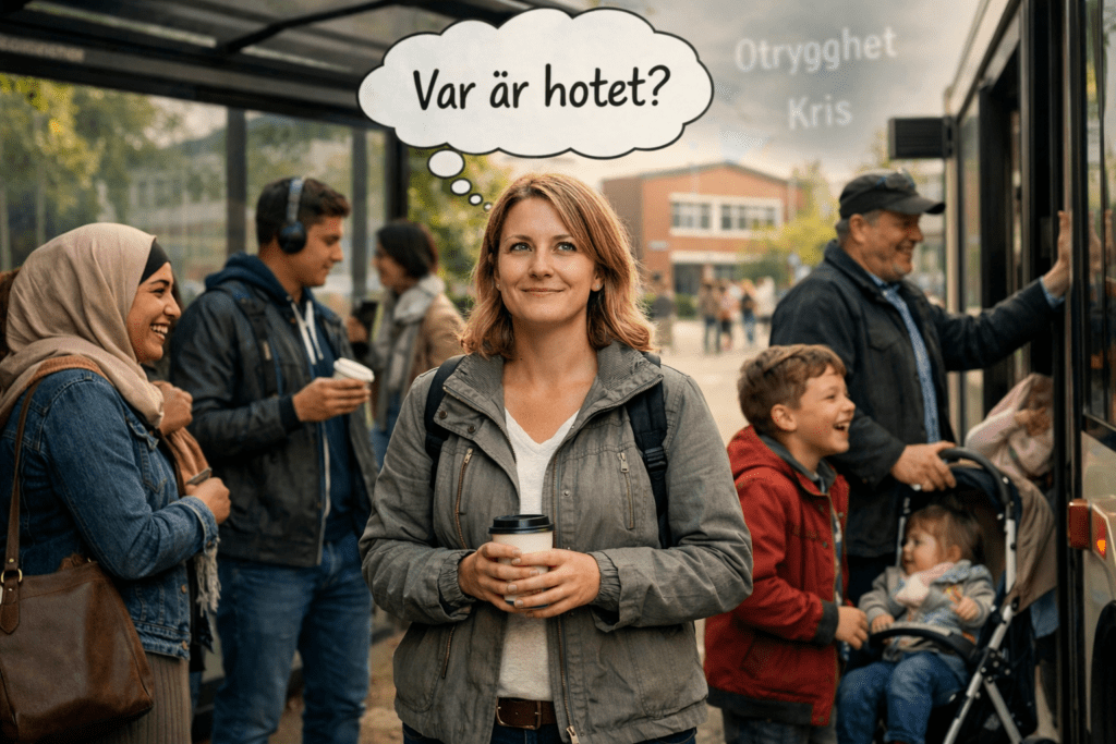 En busshållplats fylls av skratt och människor pratar på olika språk. Var är hotet?