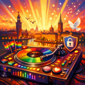 DJ-turntable, regnbågsfärger och musikaliska element är en visuell metafor för frihet, gemenskap och uttryck