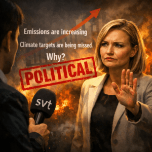 Bild, tecknad skapad av ai, där Busch inte vill svara på kritik om deras usla miljöpolitk