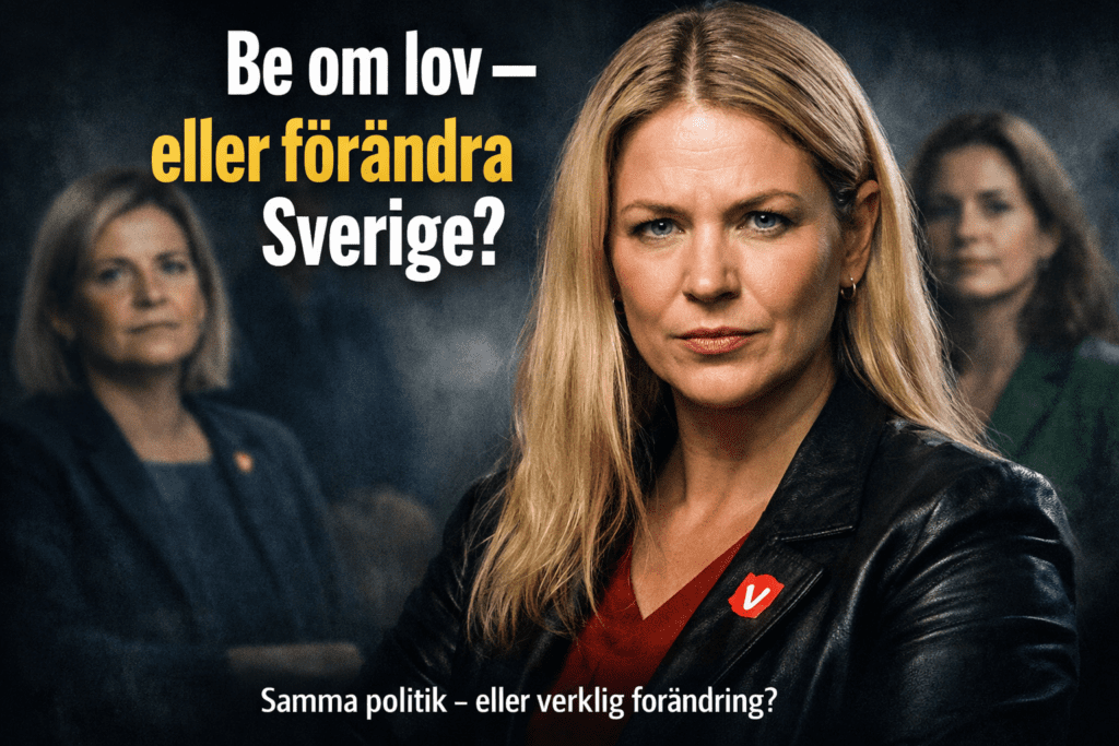 En kvinna som föreställer Ida Gabrielsson står i förgrunden med allvarlig blick. I bakgrunden syns suddiga gestalter som representerar Magdalena Andersson och Elisabeth Thand Ringqvist. Över bilden står texten: “Be om lov – eller förändra Sverige?” samt “Samma politik – eller verklig förändring?”.