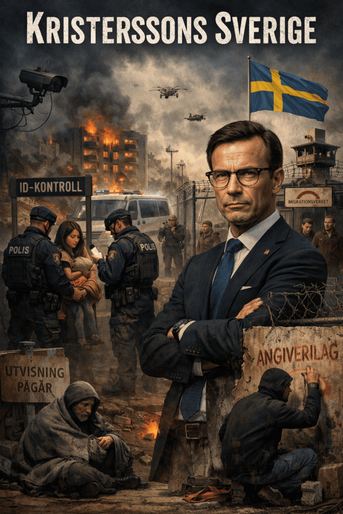Illustration av Ulf Kristersson framför ett dystopiskt Sverige med polis som kontrollerar människor, brinnande byggnader, övervakningskameror och taggtråd, samt skyltar om utvisning och angiverilag.