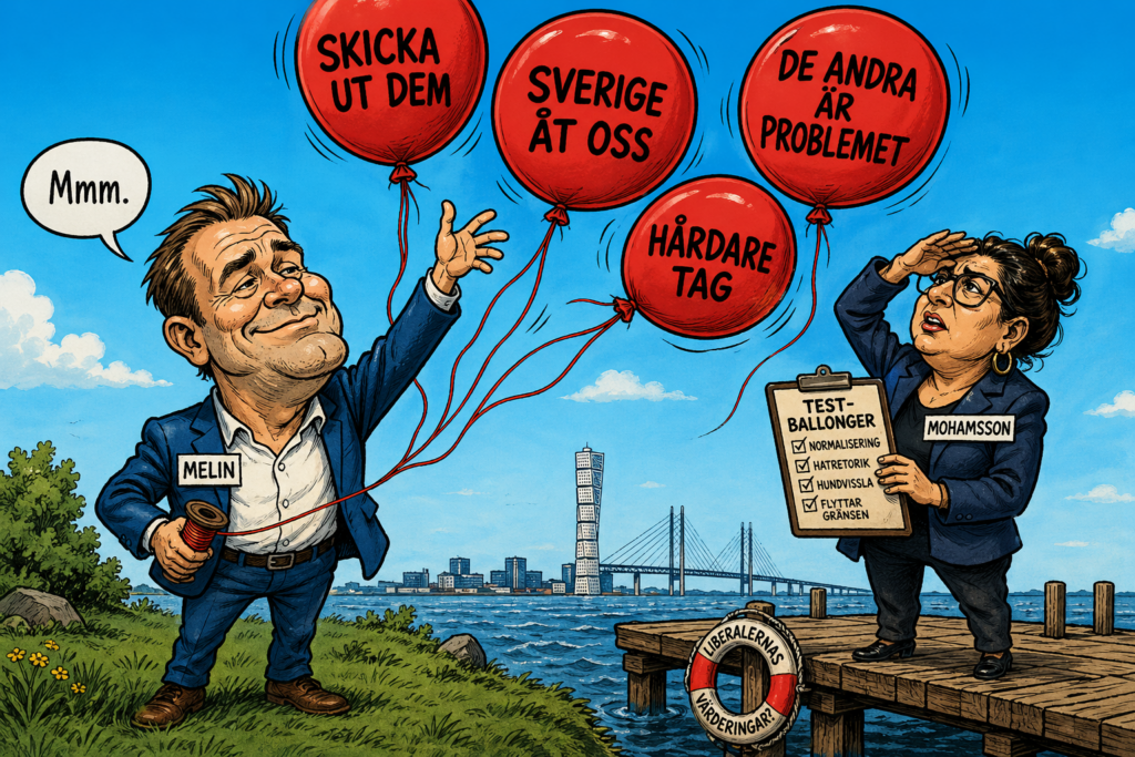Politisk satirteckning. Martin Melin (L) står på en gräsmatta och släpper upp röda ballonger med texterna "Skicka ut dem", "Sverige åt oss", "De andra är problemet" och "Hårdare tag". Han har en pratbubbla med "Mmm." I bakgrunden står Simona Mohamsson på en brygga och kisar upp mot ballongerna. Hon håller ett block märkt "Testballonger" med checklistor: normalisering, hatretorik, hundvissla, flyttar gränsen. Vid bryggan flyter en livboj med texten "Liberalernas värderingar?"