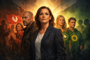 Illustration av en kvinnlig politiker i centrum som ska föreställa Birgitta Ohlsson, med bestämd blick. Hon står tillsammans med Patrik Asplund och symboliska representanter för Vänsterpartiet, Centerpartiet och Miljöpartiet, i ett mörkt landskap där ljus bryter igenom som symbol för motstånd mot splittring.