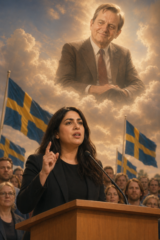 Nooshi Dadgostar talar vid en talarstol med svenska flaggor i bakgrunden. Ovanför henne sitter Olof Palme på ett moln och ler stolt ner mot henne.