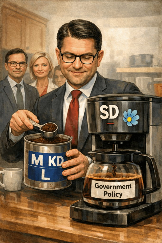 Illustration av Jimmie Åkesson som häller kaffe från en burk märkt M, KD och L i en kaffebryggare med SD-symbol. I bakgrunden står Ulf Kristersson, Ebba Busch och Simona Mohamsson. Kaffet rinner ner i en kanna märkt “Regeringens politik”.