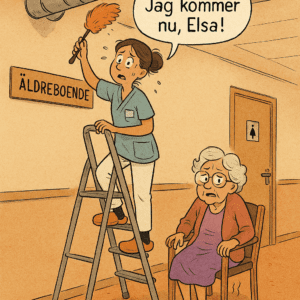 Tecknad undersköterska på hög stege dammar ventilationsrör medan äldre boende Elsa vinglar på stolen och väntar på hjälp.