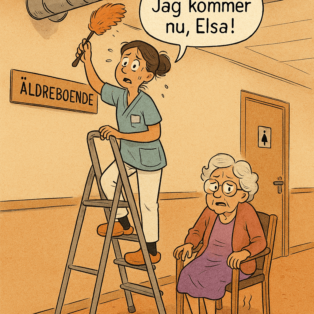 Tecknad undersköterska på hög stege dammar ventilationsrör medan äldre boende Elsa vinglar på stolen och väntar på hjälp.