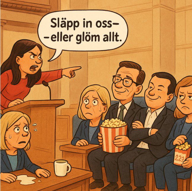 Tecknad illustration av en riksdagsdebatt. En kvinna i talarstolen pekar och säger "Släpp in oss – eller glöm allt." En kvinna i publiken ser skräckslagen ut med spillt kaffe framför sig. På andra sidan sitter tre personer och äter popcorn med nöjda miner. En av dem håller en liten påse märkt "2.2".