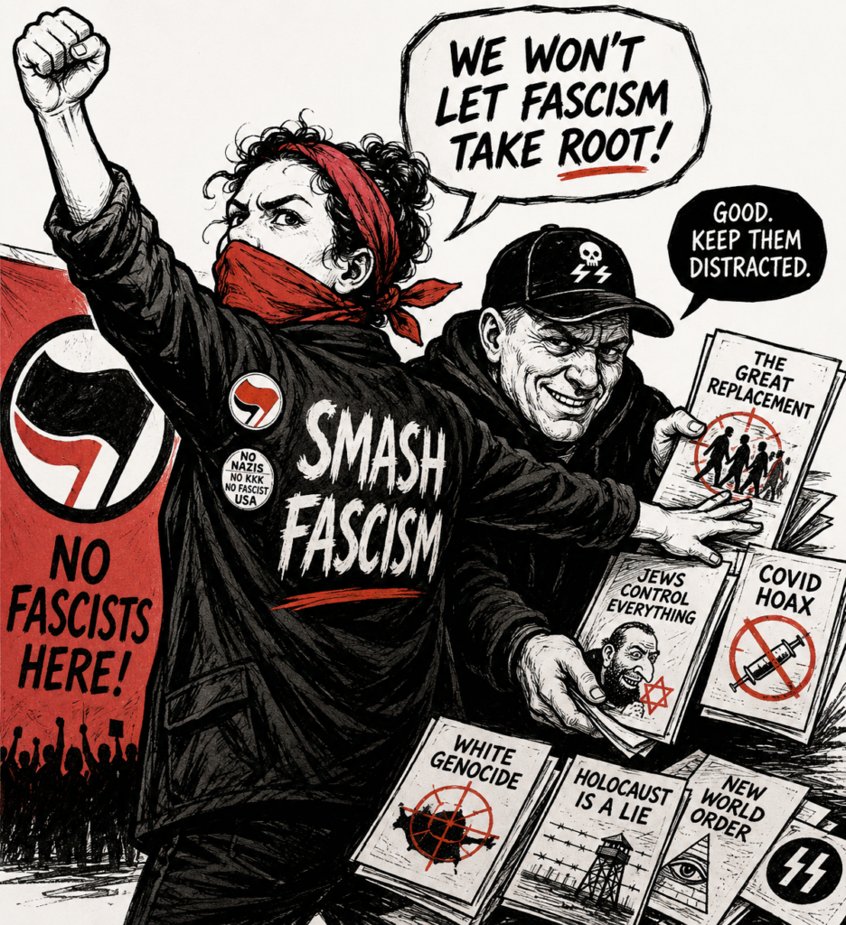 Satirisk politisk teckning av en antifascistisk aktivist som ropar "We won't let fascism take root!" medan en nazist bakom deras rygg ler och delar ut antisemitiska konspirationsteorier.