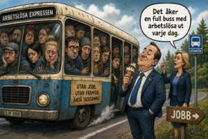 Satirisk illustration av en överfull buss märkt "Arbetslösa Expressen" med trötta ansikten i fönstren. En man i kostym äter glass och tittar bort medan en kvinna pekar på bussen. En skylt visar vägen mot "Jobb".